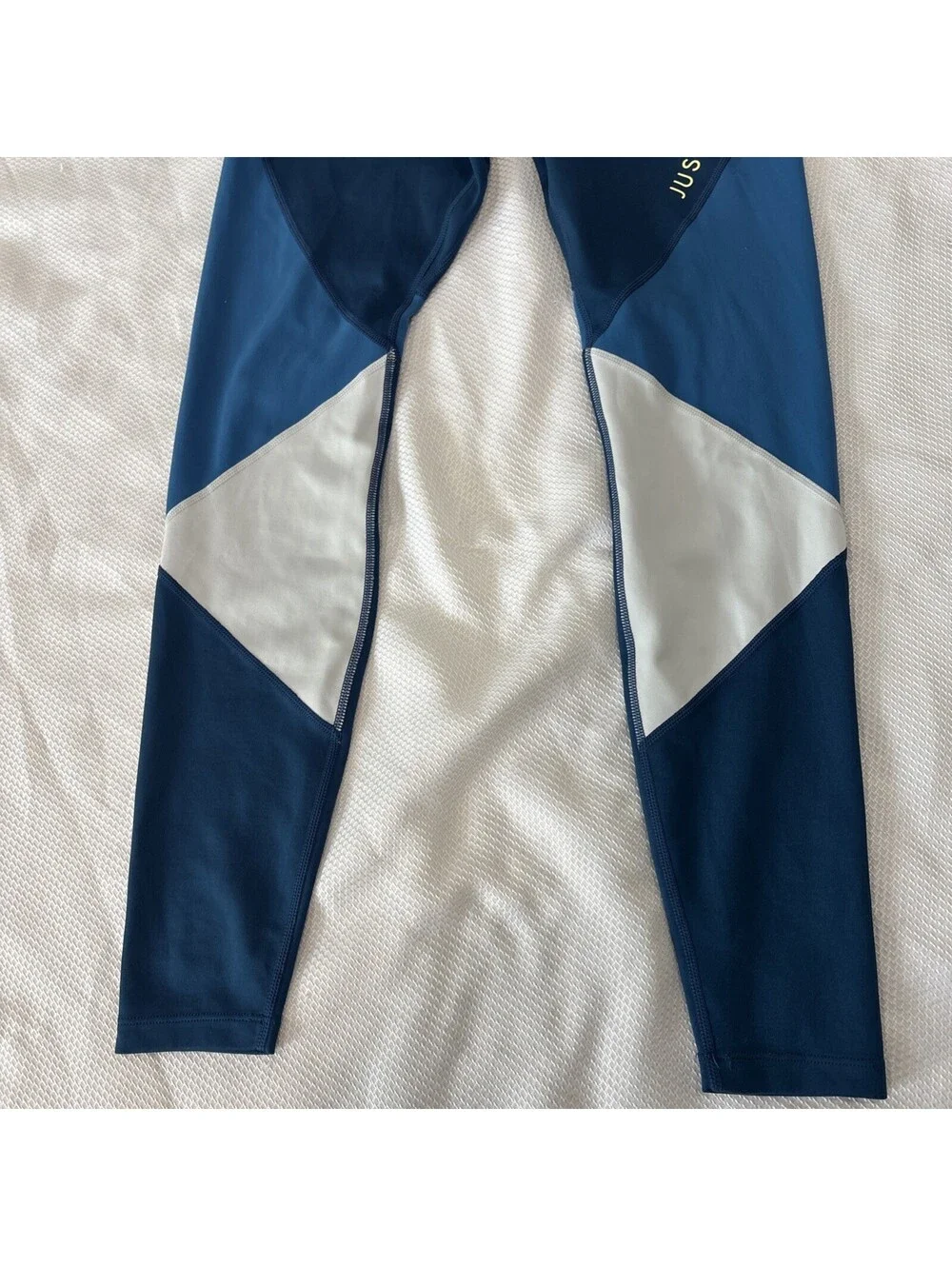 NIKE SMALL BLUE YELLOW GRAY COLOR BLOCK HIDDEN BACK POCKET DRI FIT LEGGINGS